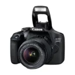 Canon EOS 2000D DSLR camera with 18-55mm lens and popup flash open