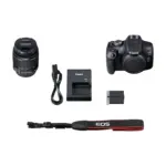 Canon EOS 2000D camera kit with battery charger strap and accessories