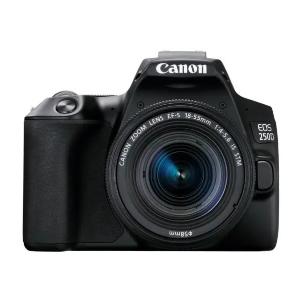Canon EOS 250D DSLR camera with EF-S 18-55mm IS STM kit lens front hero view