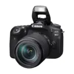 Canon EOS 90D DSLR camera with EF-S 18-135mm IS USM lens and popup flash open