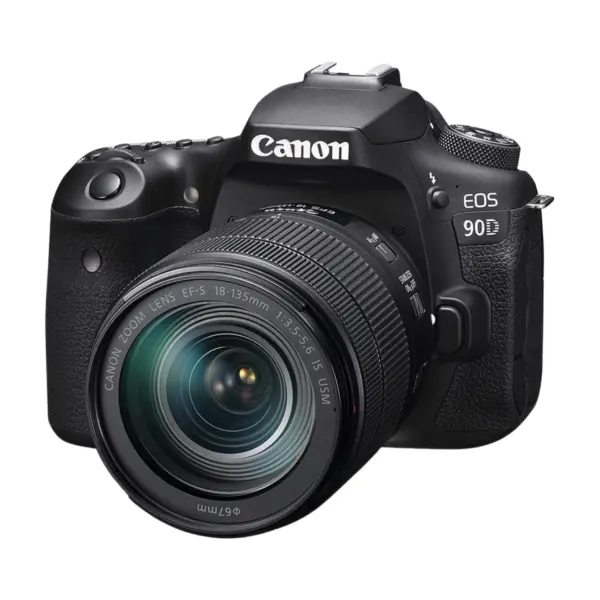 Canon EOS 90D DSLR camera with EF-S 18-135mm IS USM kit lens three-quarter hero view