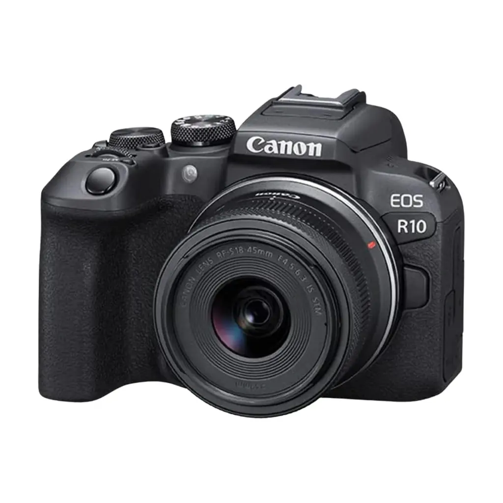 Canon EOS R10 mirrorless camera with RF-S 18-45mm IS STM kit lens hero view