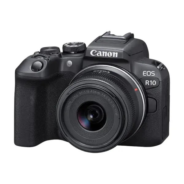 Canon EOS R10 mirrorless camera with RF-S 18-45mm IS STM kit lens hero view