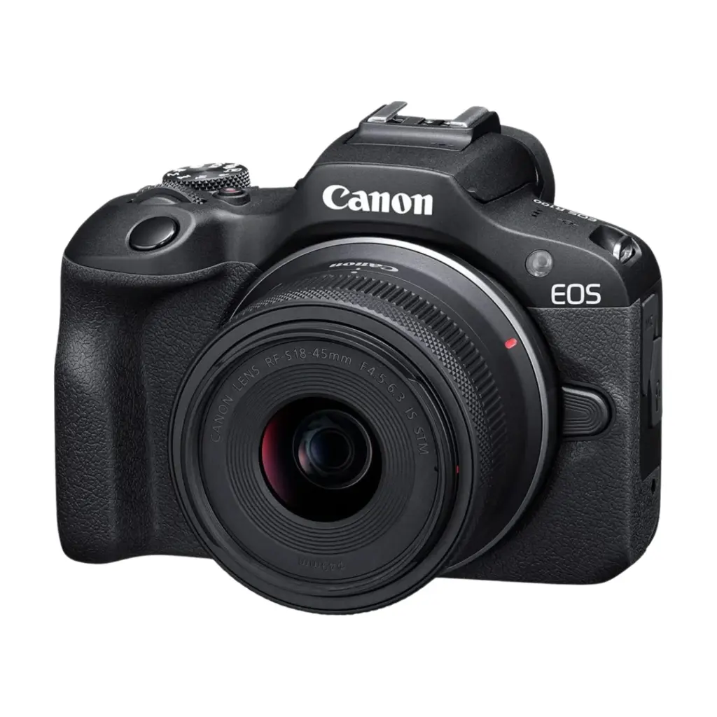 Canon EOS R100 mirrorless camera with RF-S 18-45mm IS STM lens three-quarter hero