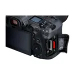 Canon EOS R5 mirrorless camera side view with dual card slot open