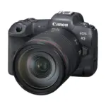 Canon EOS R5 with RF 24-105mm F4 L IS USM lens side view showing stabilizer and AF MF switches