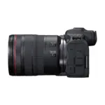Canon EOS R5 with RF 24-105mm lens side view showing ports and stabilizer switch