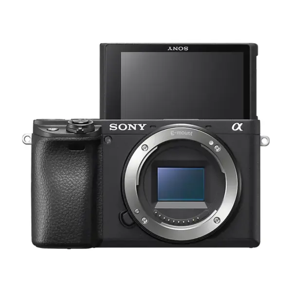 Sony Alpha a6400 mirrorless camera body with sensor exposed and flip screen up