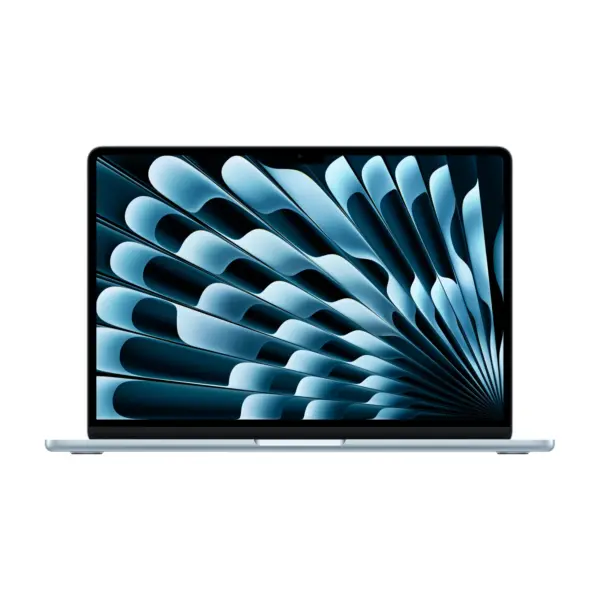 Apple MacBook Air 13-inch M5 in Sky Blue, open and facing forward, showing the display and the base