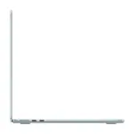 MacBook Air 13-inch M5 in Sky Blue, open and seen from the left side, showing the MagSafe 3 charging port and two Thunderbolt ports