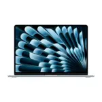 Apple MacBook Air 15-inch M5 in Sky Blue, open and facing forward, showing the display and the base