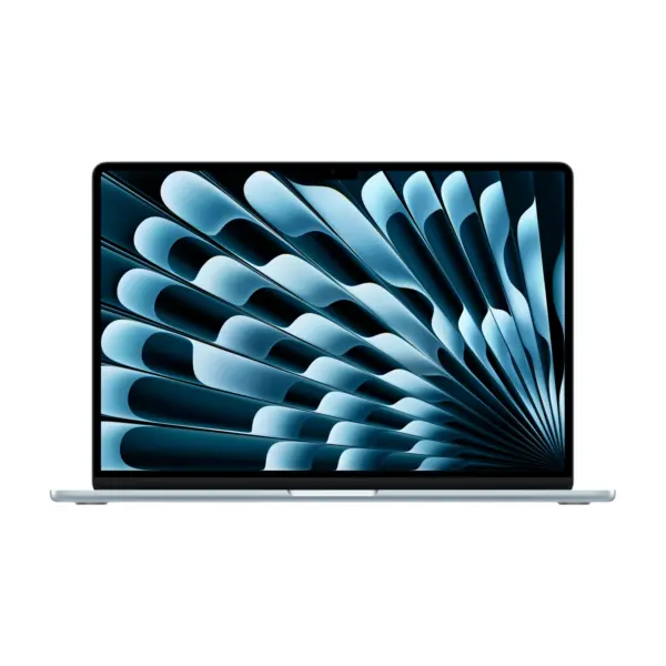 Apple MacBook Air 15-inch M5 in Sky Blue, open and facing forward, showing the display and the base