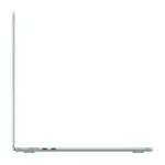 MacBook Air 15-inch M5 in Sky Blue, open and seen from the left side, showing the MagSafe 3 charging port and two Thunderbolt ports