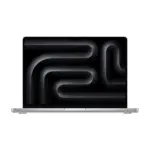 Apple MacBook Pro 14-inch in Silver, open, front view with the display showing a dark abstract wallpaper