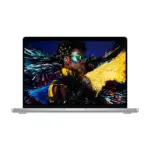 Apple MacBook Pro 14-inch in Silver, open, front view with a colour photograph shown on the Liquid Retina XDR display