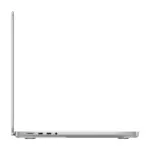 MacBook Pro 14-inch M5 Pro in Silver, open and seen from the left side, showing the MagSafe 3 port, two Thunderbolt ports and the 3.5 mm headphone jack
