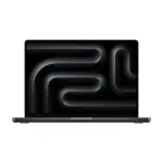 Apple MacBook Pro 14-inch in Space Black, open, front view with the display showing a dark abstract wallpaper