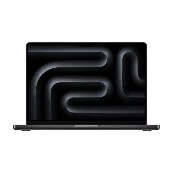 Apple MacBook Pro 14-inch in Space Black, open, front view with the display showing a dark abstract wallpaper