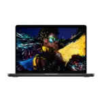 Apple MacBook Pro 14-inch in Space Black, open, front view with a colour photograph shown on the Liquid Retina XDR display