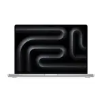 Apple MacBook Pro 16-inch in Silver, open, front view with the display showing a dark abstract wallpaper