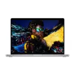 Apple MacBook Pro 16-inch in Silver, open, front view with a colour photograph shown on the Liquid Retina XDR display