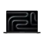 Apple MacBook Pro 16-inch in Space Black, open, front view with the display showing a dark abstract wallpaper