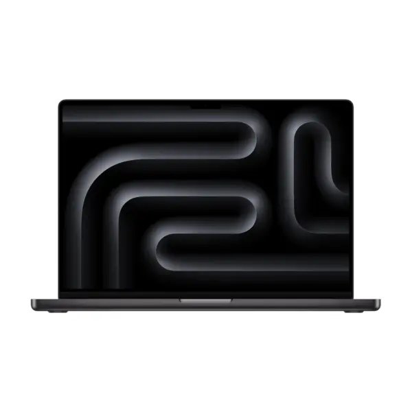 Apple MacBook Pro 16-inch in Space Black, open, front view with the display showing a dark abstract wallpaper