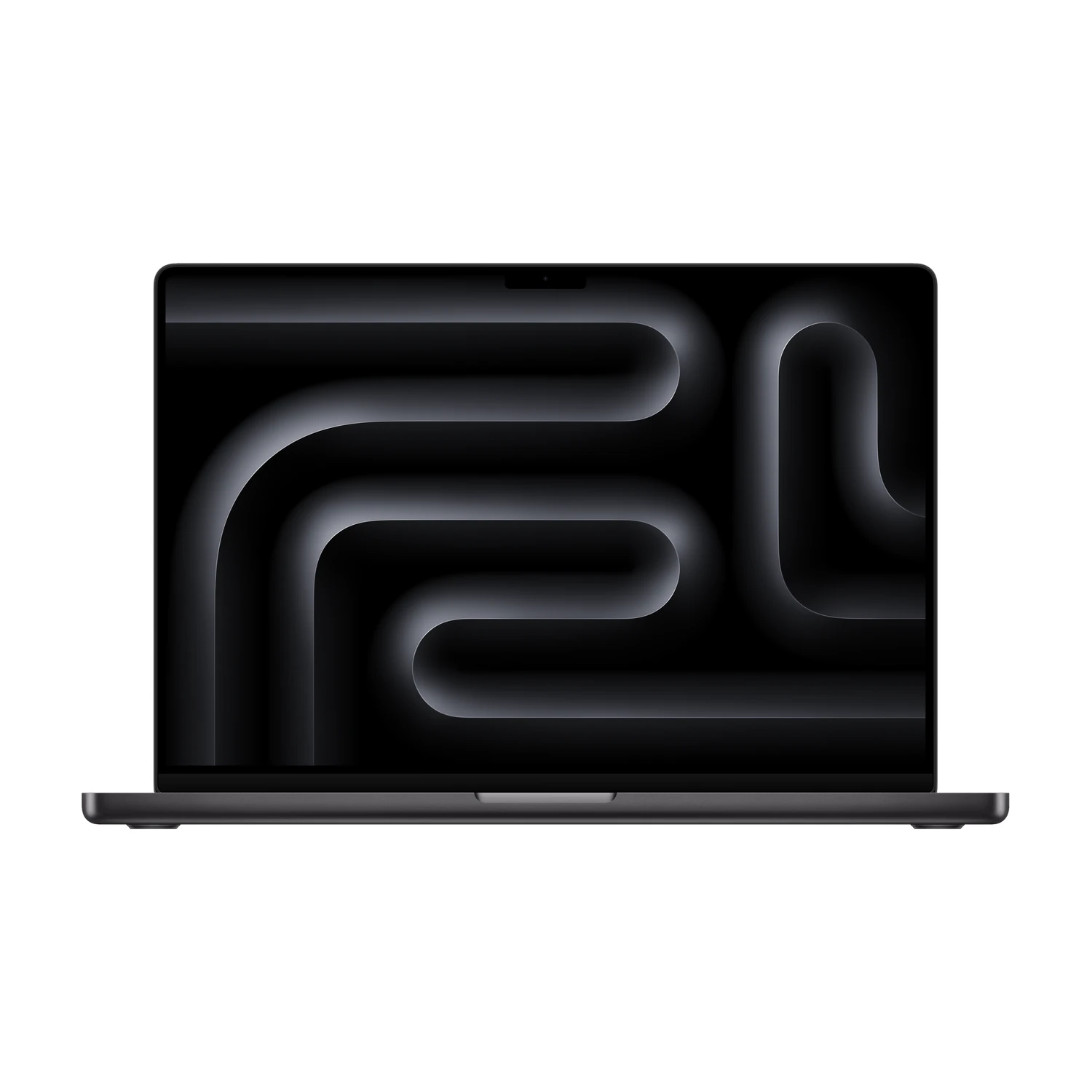 Apple MacBook Pro 16-inch (M5, 2026) - Space Black Apple MacBook Pro 16-inch in Space Black, open, front view with the display showing a dark abstract wallpaper