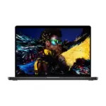 Apple MacBook Pro 16-inch in Space Black, open, front view with a colour photograph shown on the Liquid Retina XDR display
