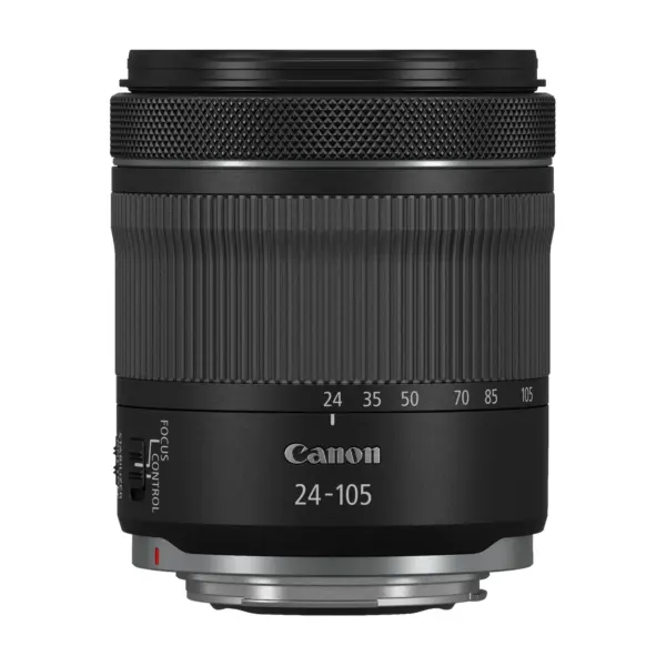 Canon RF 24-105mm F4-7.1 IS STM lens, side view with the zoom scale and the RF mount