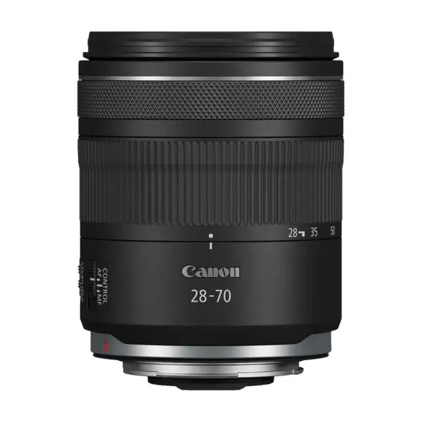 Canon RF 28-70mm F2.8 IS STM lens, side view with the Canon logo and zoom scale