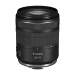 Canon RF 28-70mm F2.8 IS STM lens, angled front view showing the front element and the zoom scale