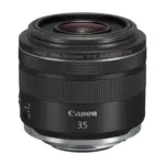 Canon RF 35mm F1.8 MACRO IS STM lens, angled front view showing the front element, control and focus rings and the RF mount