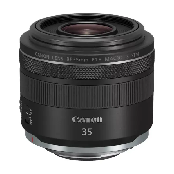 Canon RF 35mm F1.8 MACRO IS STM lens, angled front view showing the front element, control and focus rings and the RF mount