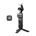 DJI Osmo Pocket 4 Creator Combo - on mini tripod with microphone transmitter, front view