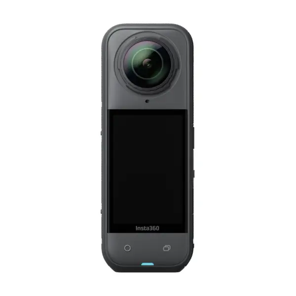 Insta360 X5 8K 360 camera in Midnight Black, front view showing the touchscreen and one lens.