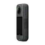 Insta360 X5 8K 360 camera in Midnight Black, angled view showing the lens and the touchscreen.