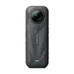 Insta360 X5 8K 360 camera in Midnight Black, rear view showing the second lens and the textured back panel.