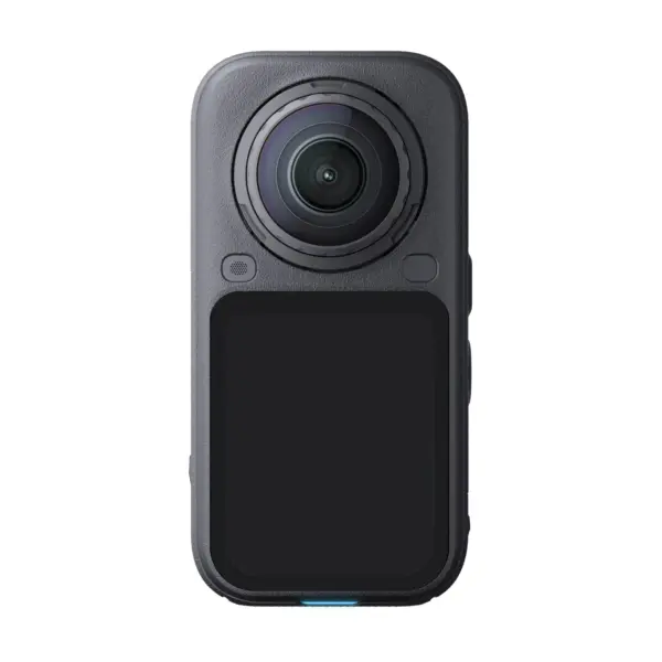 Insta360 X6 360 camera in Midnight Black, front view showing the lens and touchscreen.