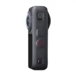 Insta360 X6 360 camera in Midnight Black, side view showing the power and shutter controls.