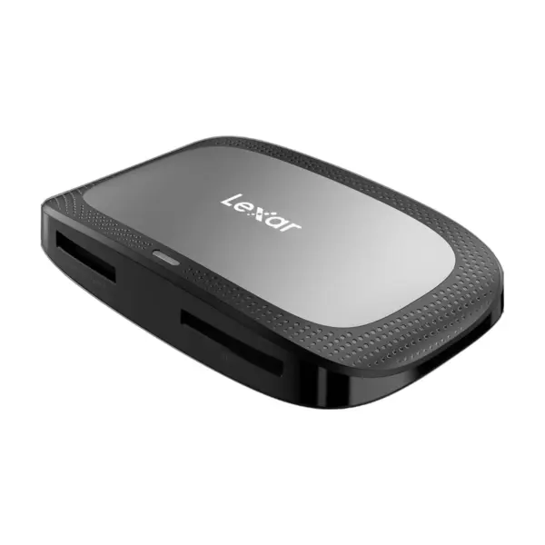 Lexar Professional CFexpress Type A and SD UHS-II card reader, angled view showing both card slots.
