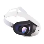 Meta Quest 3S all-in-one VR headset, angled view showing the lenses and facial interface.