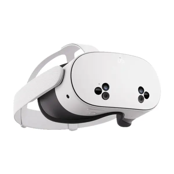 Meta Quest 3S all-in-one VR headset, right quarter view showing the front cameras.