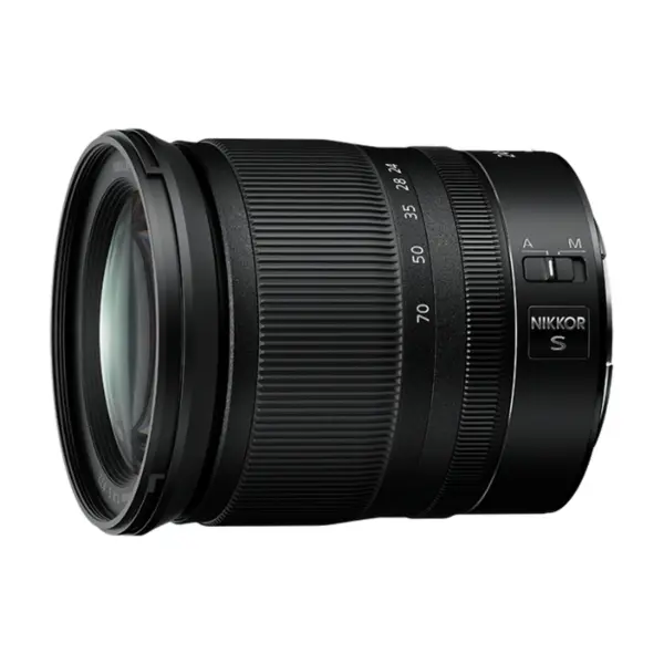 Nikkor Z 24-70mm f/4 S lens, angled view showing the front element and the zoom scale