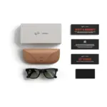 Ray-Ban Meta Wayfarer (Gen 2) smart glasses, Shiny Black frame with G-15 Green lenses, shown with the charging case, cable and documentation supplied in the box.