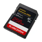 SanDisk Extreme PRO SD UHS-II V90 memory card, 256GB, angled view.