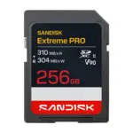 SanDisk Extreme PRO SD UHS-II V90 memory card, 256GB, front view.