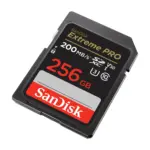 SanDisk Extreme PRO SDHC and SDXC UHS-I memory card, 256GB, angled view from the right.