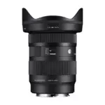 Sigma 16-28mm F2.8 DG DN Contemporary with the hood fitted, side view of the switch face showing the AF/MF focus switch, the IN/OUT zoom lock and the Contemporary badge