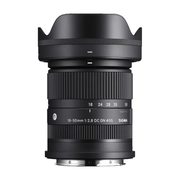 Sigma 18-50mm f/2.8 DC DN Contemporary for Canon RF-mount - front angled view with the lens hood fitted